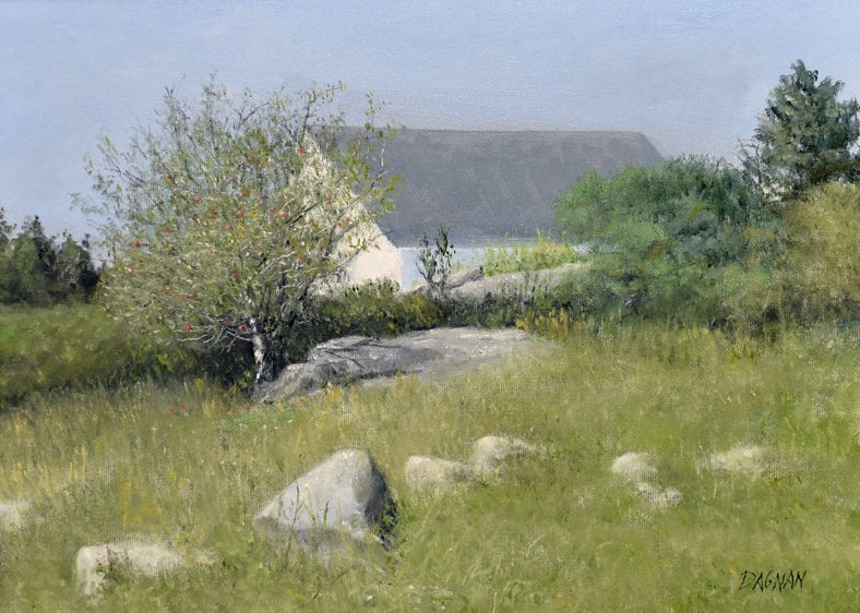 Lamdscape with house, rocks, and apple tree