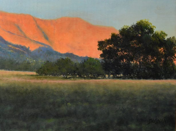 Oil painting of Cades Cove Evening sun in the Smoky Mountains by Gary Dagnan
