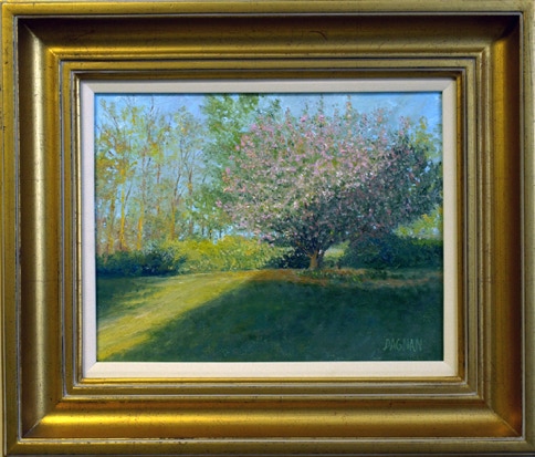 Painting of Spring tree with blossoms and evening sunlight