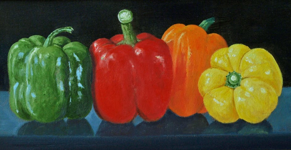 Red, Green, Yellow, Orange Peppers by Gary Dagnan
