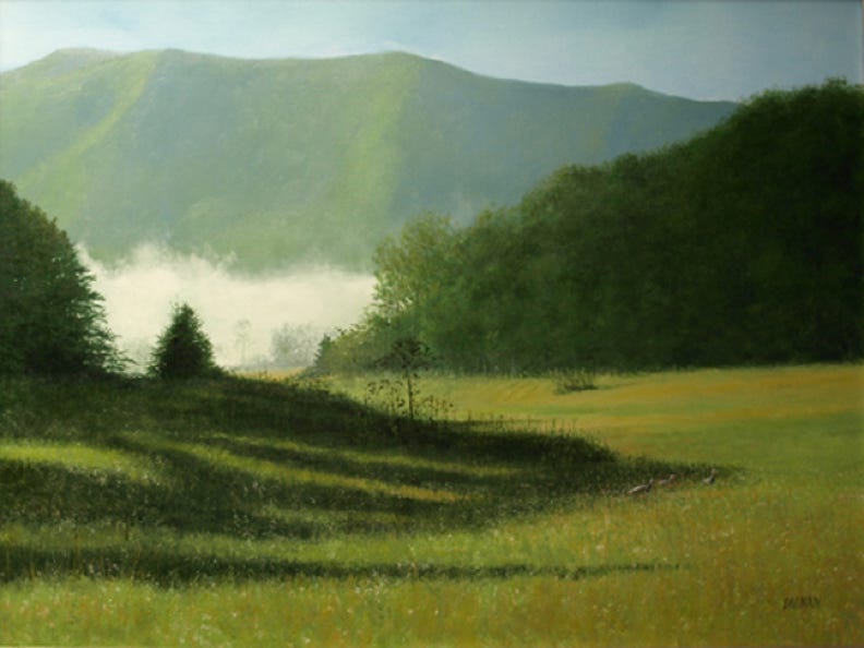 Landscape painting of Cades Cove with morning fog and wild turkeys by Gary Dagnan