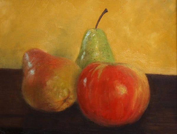 Apple and two Pears paining by Gary Dagnan