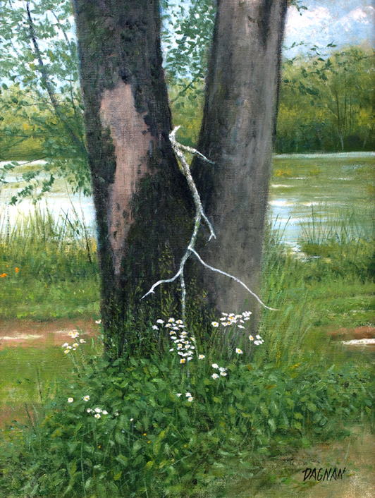 painting of broken branch on a tree with flowers cove Lake State Park by Gary Dagnan