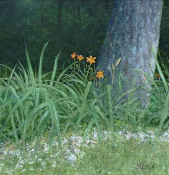 painting of orange lilies under a tree by Gary Dagnan