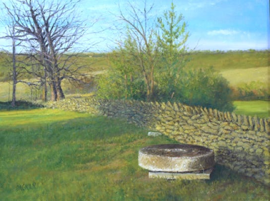 Painting of millstone and stone wall by Gary Dagnan