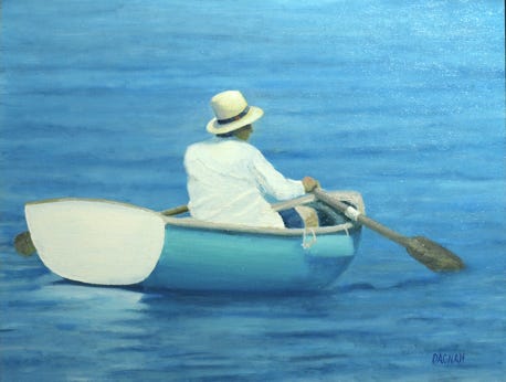 Painting of Row Boat with figure in a panama hat by Gary Dagnan