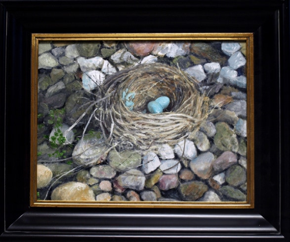 Birds nest on stones with blue eggs painting by Gary Dagnan