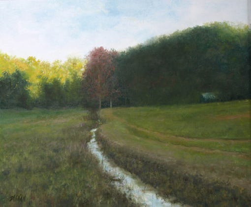 Painting by Gary Dagnan of Evening Landscape with Stream.