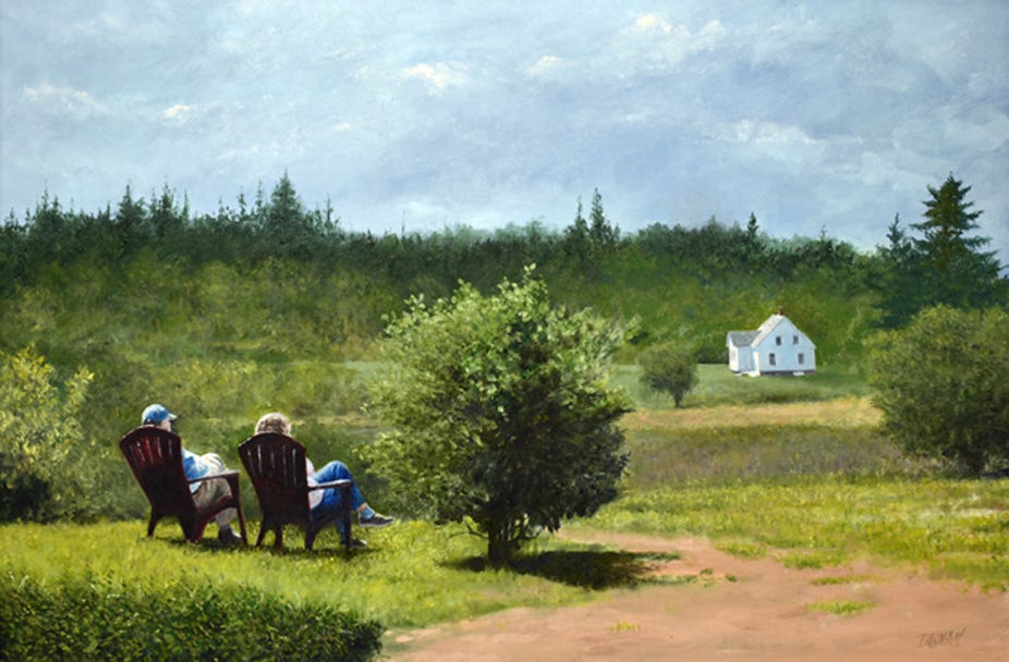 landscape painting with man and woman sitting on a hilltop overlooking valley with white house.