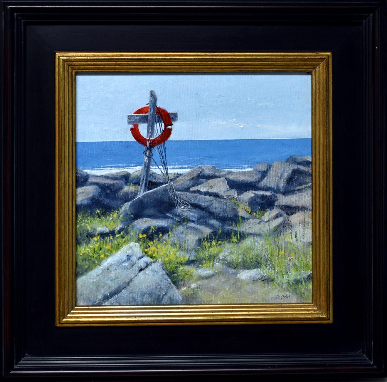 life preserver near the ocean, with rocks and flowers, Christian symbolism.