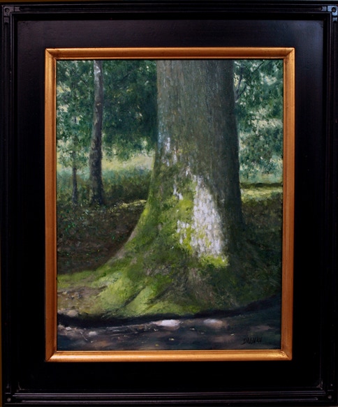 Oil painting of moss covered tree by a creek in Cades Cove by Gary Dagnan