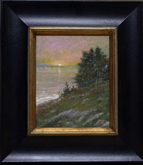 Painting of sunrise over bay with tree