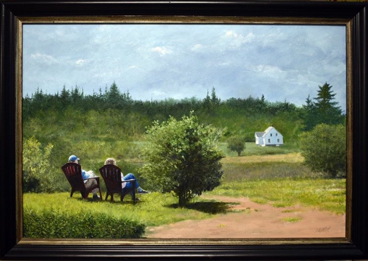 Oil painting of a man and woman setting in chairs viewing the valley with a white house