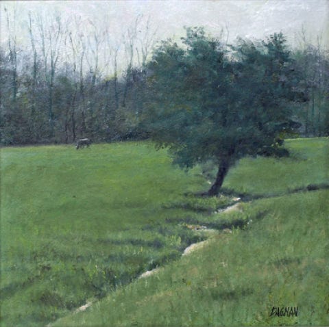 Painting by Gary Dagnan of Pasture with Cow and Tree and brook
