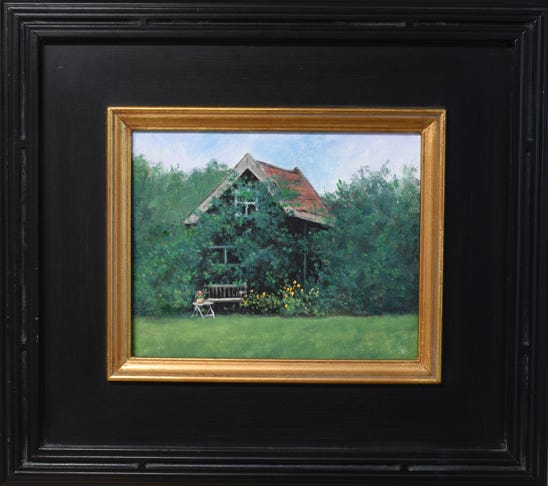 Painting of a garden Shed with trees and flowers