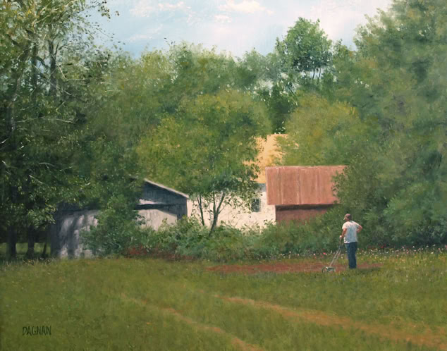 Landscape Painting of Rural Scene with Man Preparing the Soil for planting by Gary Dagnan