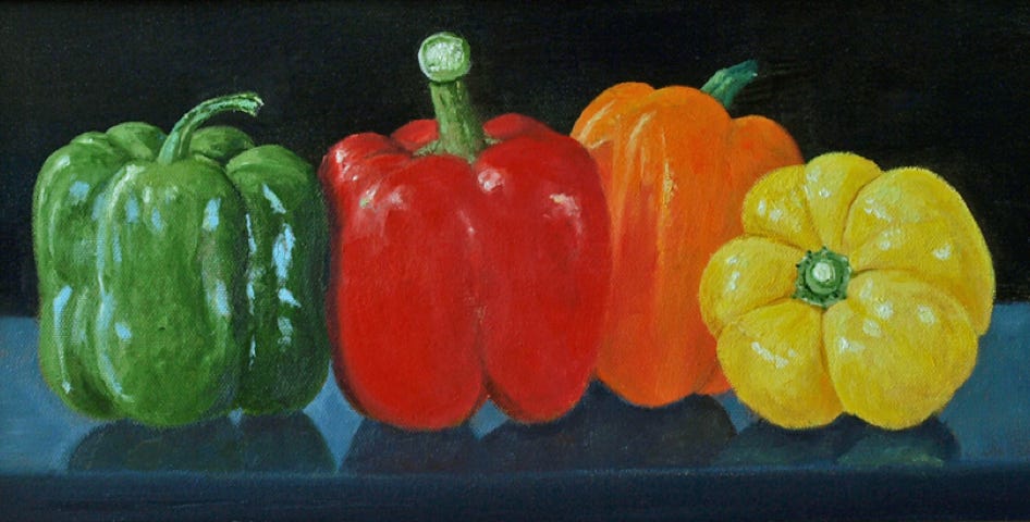 Red, Green, Yellow, Orange Peppers by Gary Dagnan